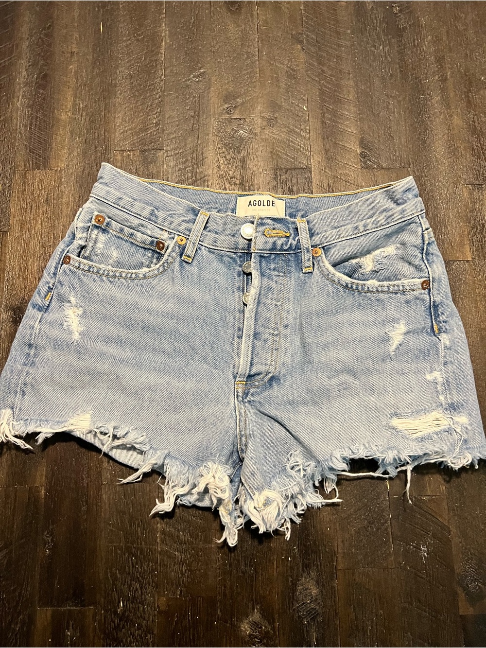 Agolde Light Wash Distressed Denim Cutoff Shorts